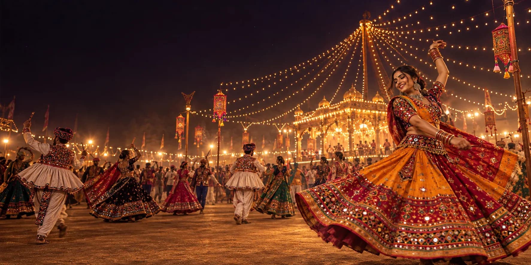 AI-generated interpretation of a circle of Garba dancers under golden festival lights