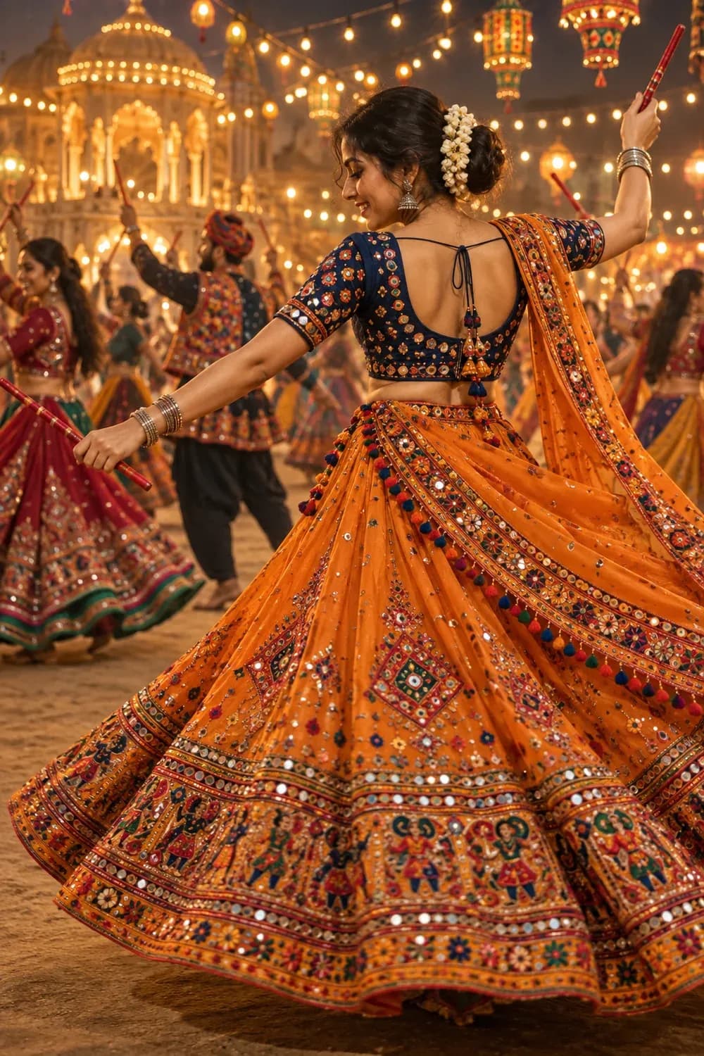 Illustrative Garba dancer in an embroidered orange skirt beneath golden festival lights